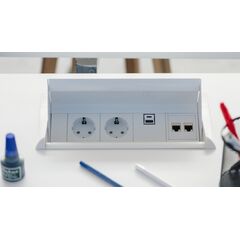 2F0WF4A1 Aero Flip Series Power Module with 4xSchuko Socket/1xIMP Slot/Fascia/End Cap, White, Colour: White (Fascia/End Cap), White (Body)