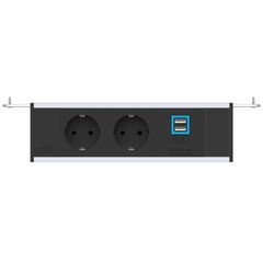 2M80F2F3 Level-F Series Power Module with 2xSchuko Socket/1xUSB (A+A) Charger/Black Fascia/End Cap, Colour: Black (Fascia/End Cap), Silver (Body)