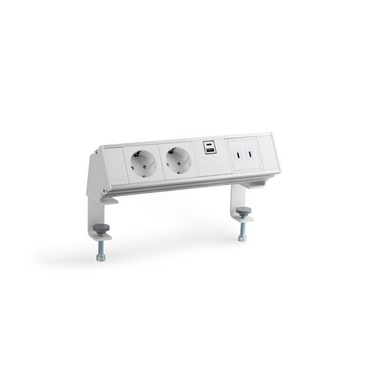 2A21F2F3 Flexi Series Power Module with 2xSchuko Socket/1xSC (A+A), White, Colour: White (Fascia/End Cap), Silver (Body), 3 image