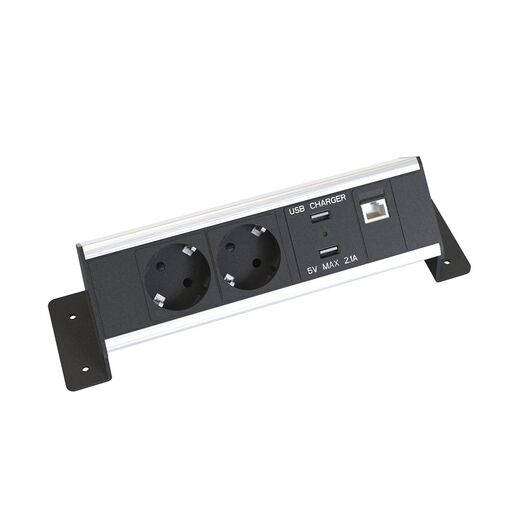 935-I2CD Cut in outlet power station with 2 power, 1 data (1хRJ45) and 2 USB Charger (5V, 2.1A max), black and silver, 2 image