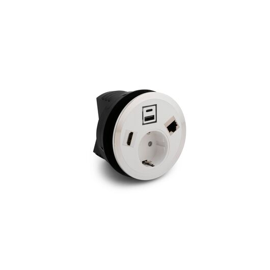 Moduł zasilający 2F21F1A4 z 1x gniazdem Schuko/2xUSB(A+C)/1xRJ45/Cat6A, biały, Kolor: White