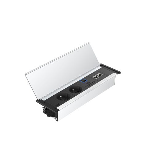 Moduł zasilający 2G00F2A5 z 2x gniazdo Schuko/1x ładowarka USB (A+C)/2x slot IMP/Czarna ramka/Końcówka, Kolor: Black (Fascia/End Cap), Silver (Body), 3 image