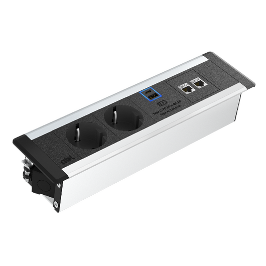 2F81F2A2 Level-E Series Power Module with 2xSchuko Socket/2xIMP Slot/White Fascia/End Cap, Colour: White (Fascia/End Cap), Silver (Body), 2 image