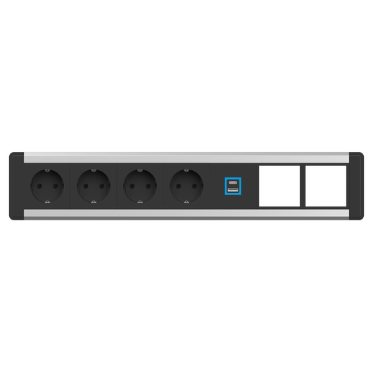 2F80F4A5 Level-E Series Power Module with 4xSchuko Socket/1xUSB (A+C) Charger/2xIMP Slot/Black Fascia/End Cap, Colour: Black (Fascia/End Cap), Silver (Body)