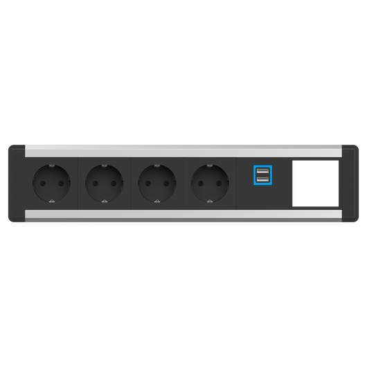 2F80F4F4 Moduł zasilania serii Level-E z 4x gniazdo Schuko/1x Ładowarka USB (A+A)/1x slot IMP/czarna maskownica/Zaślepka, Kolor: Black (Fascia/End Cap), Silver (Body)