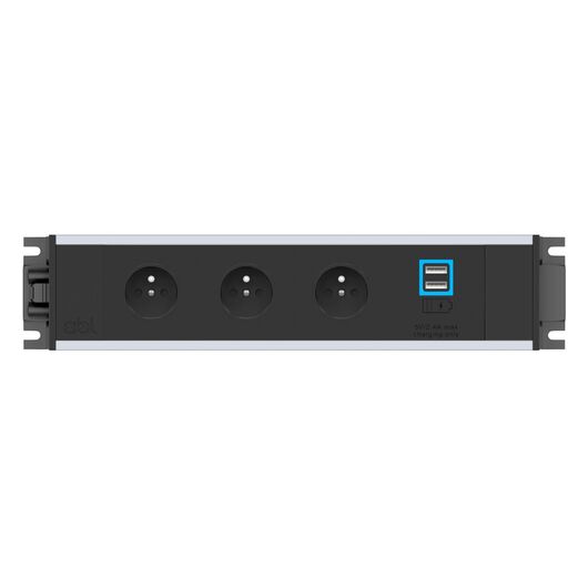 2M20E3F3 Link 3xFrench Belgian socket 1xUSB A+A charger 2.4A max Power entry via 3 Pole connector, Black fascias & end caps, Silver body, Colour: Black (Fascia/End Cap), Silver (Body)