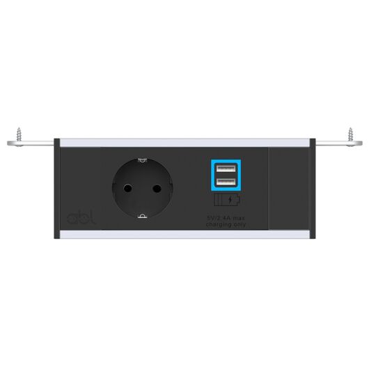 2M80F1F3 Level-F Series Power Module with 1xSchuko Socket/1xUSB (A+A) Charger/Black Fascia/End Cap, Colour: Black (Fascia/End Cap), Silver (Body)