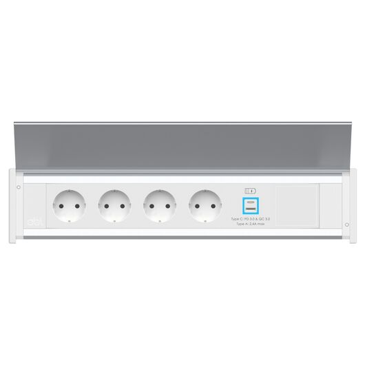 2G01F4A4 Moduł zasilania serii Level-C z 4x gniazdo Schuko/1x Ładowarka USB (A+C)/1x gniazdo IMP/biała osłona/Zaślepka, Kolor: White (Fascia/End Cap), Silver (Body)