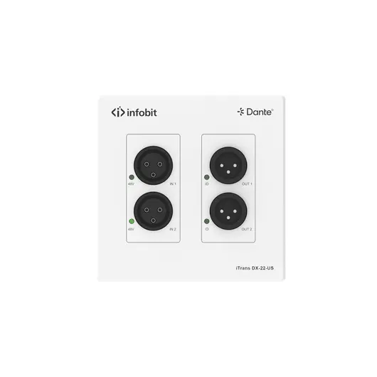 iTrans DX-22-US 2 Channel XLR Dante Wall Plate, US Plug, Power Compatibility: US Plug