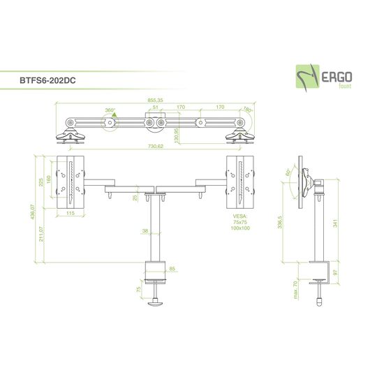 BTFS6-202DC Wzmocniony uchwyt na dwa monitory z zaciskiem, 6 image