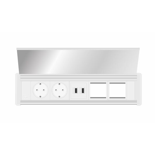 Moduł zasilający 2G01F2F5 z 2x gniazdo Schuko/1x ładowarka USB (A+A)/2x slot IMP/Biała ramka/Końcówka, Kolor: White (Fascia/End Cap), Silver (Body), 4 image