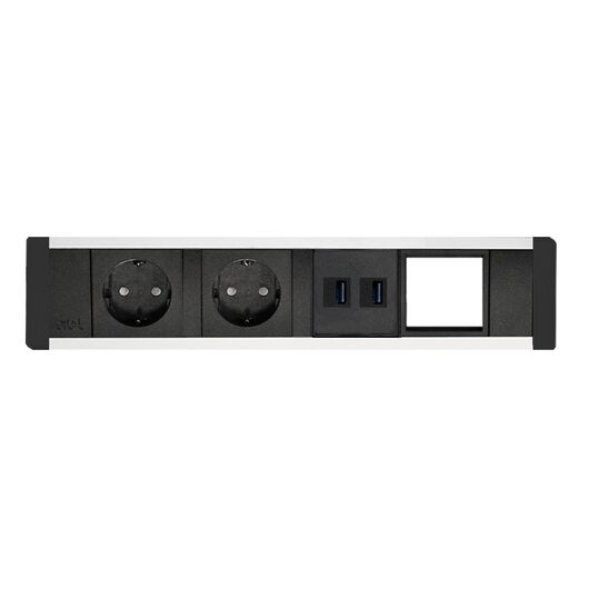 2F80F2F4 Power Module with 2xSchuko Socket/1xUSB (A+A) Charger/1xIMP Slot/Black Fascia/End Cap, Colour: Black (Fascia/End Cap), Silver (Body)