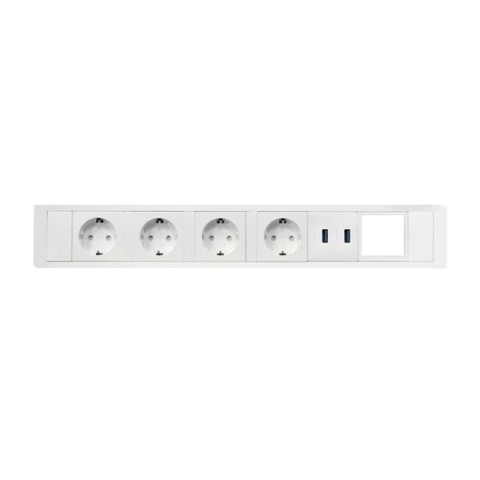 Moduł zasilający 2F81F4F4 z 4x gniazdo Schuko/1x ładowarka USB (A+A)/1x slot IMP/Biała ramka/Końcówka, Kolor: White (Fascia/End Cap), Silver (Body)