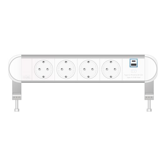 Moduł zasilający 2A01F4A3 z 4x gniazdo Schuko/1xUSB (A+C) ładowarka/ramka biała/zakończenie, Kolor: White (Fascia/End Cap), Silver (Body)